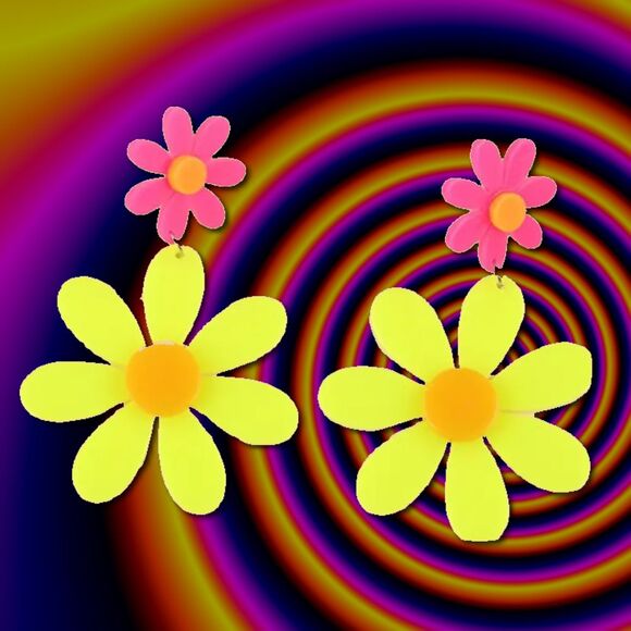 Groovy 60s 70s plastic yellow flower daisy earrings - Picture 1 of 5